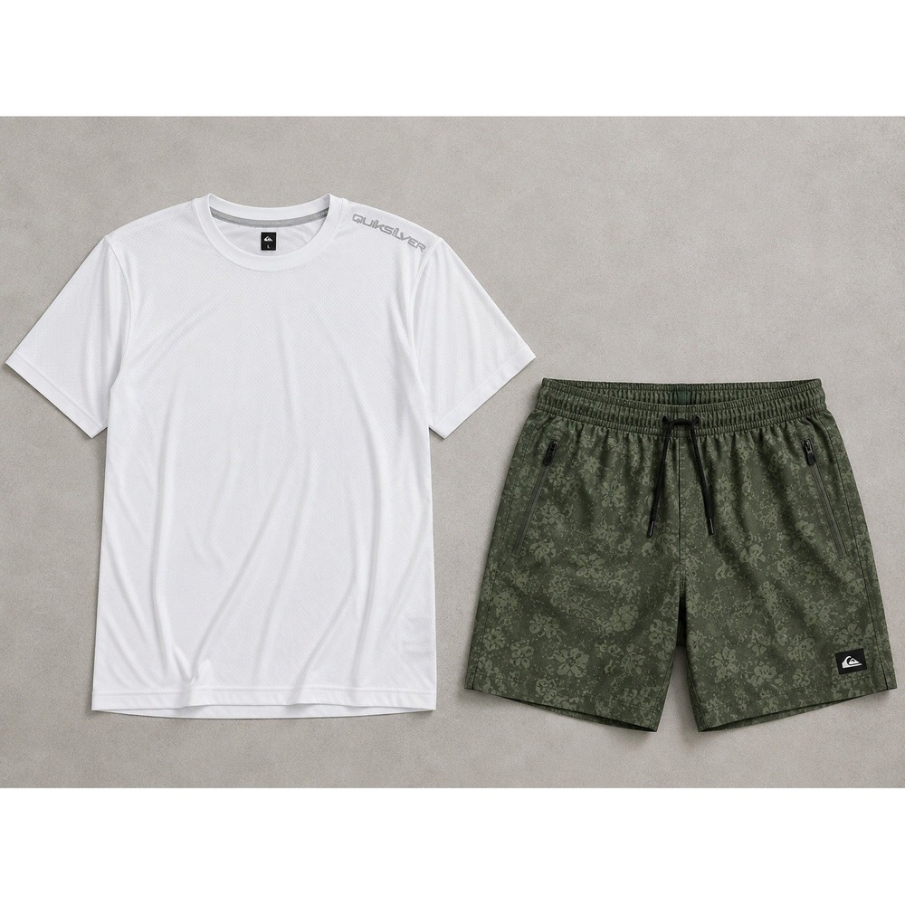 Quiksilver DryFlight Mens 2 Piece Set White Shirt & Olive Green Shorts Large NEW